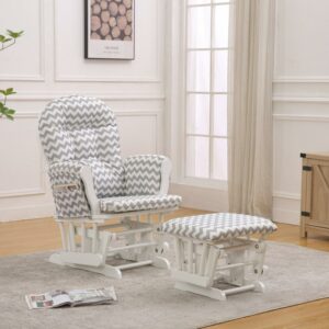 Willow Glider with Ottoman, White Finish with Gray Chevron Cushions