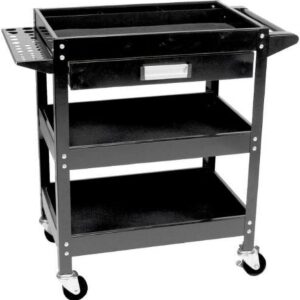 Performance Tool W54006 23.5 In. x 16 In. 3-Shelf Utility Cart with Drawer, Tool Trays, and Swivel Casters, Black