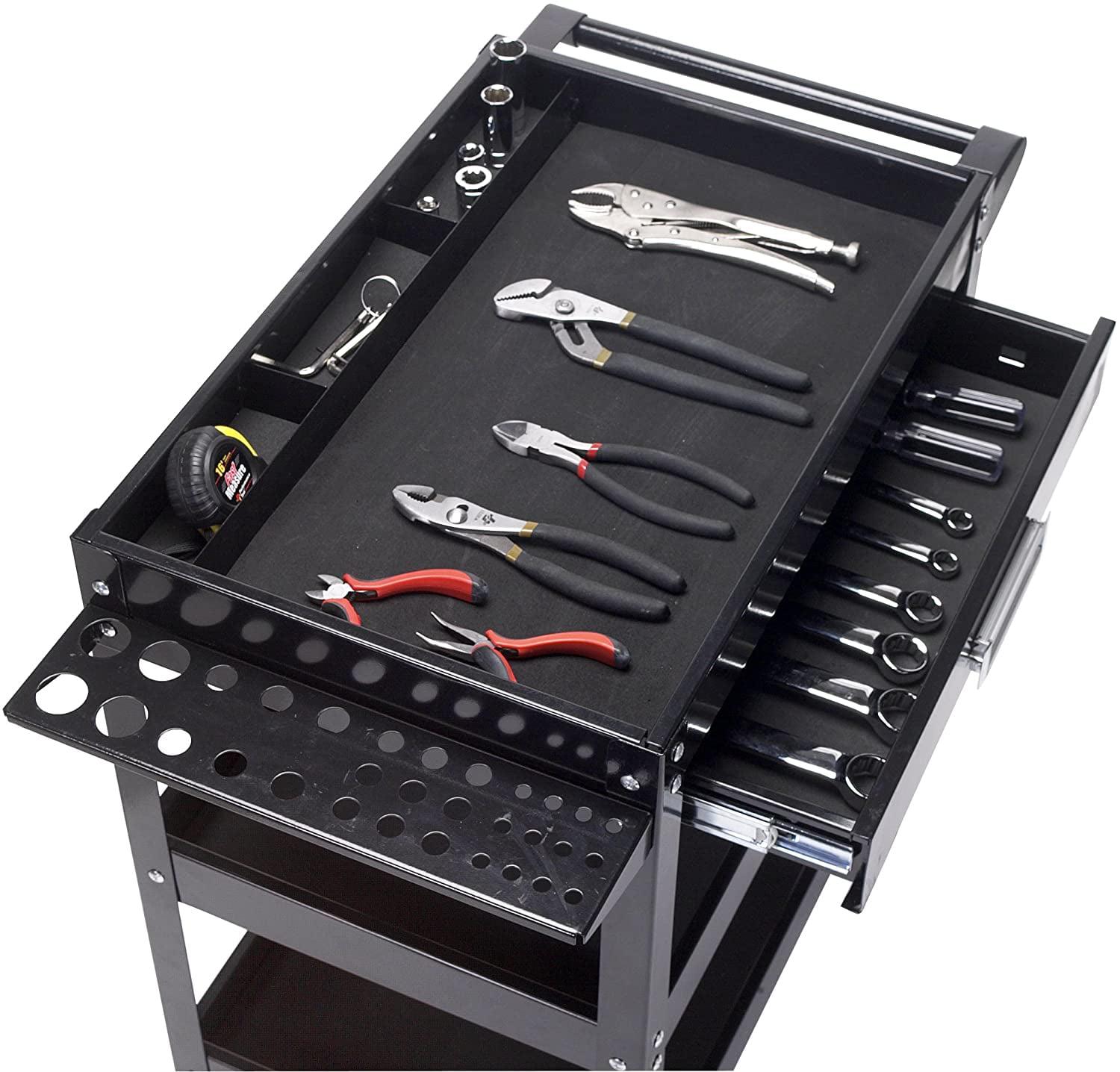 Performance Tool W54006 23.5 In. x 16 In. 3-Shelf Utility Cart with Drawer, Tool Trays, and Swivel Casters, Black - Image 2