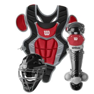 Wilson C200 Youth Baseball Catcher's Gear Kit - Black/Scarlet (Ages 7-12)