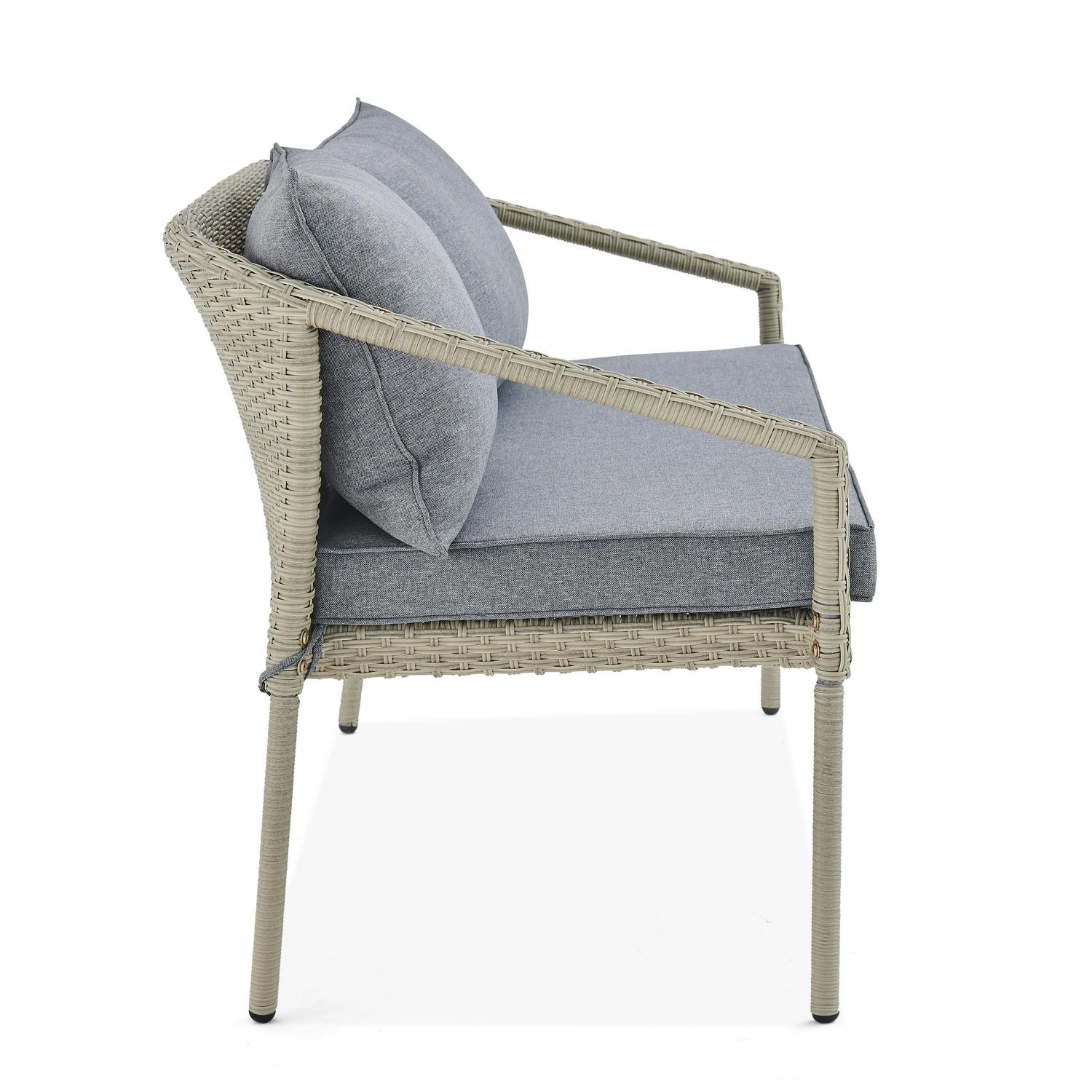 Windham All-Weather Wicker Two-Seat Outdoor Light Gray Bench with Dark Gray Cushions - Image 2