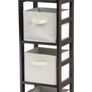 Winsome Wood Capri 5-Pc Storage Set, 4-Section Narrow Shelf & 4 Foldable Beige Fabric Baskets, Espresso Finish