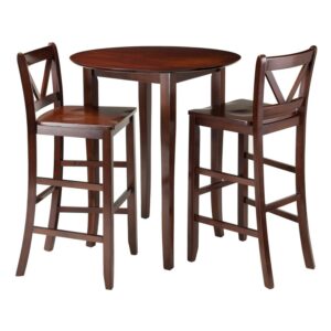 Winsome Wood Fiona 3-Pc Pub Set, High Table & 2 Bar V-Back Bar Stool, Walnut Finish
