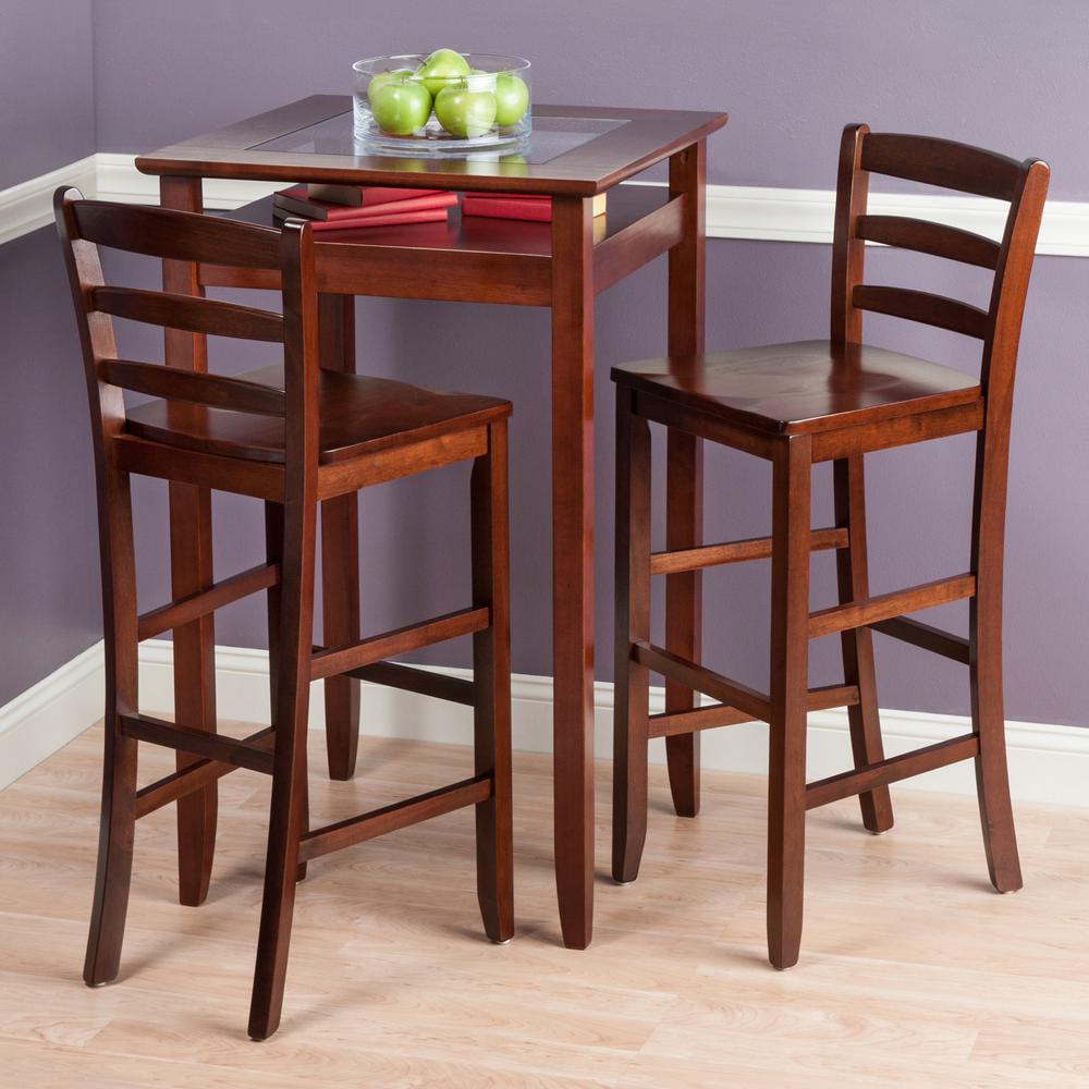 Winsome Halo 3-Pc Pub Set, Glass Inset Table & 2 Ladder-Back Bar Stools, Walnut Finish - Image 2