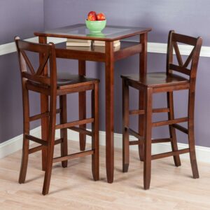 Winsome Wood Halo 3-Pc Pub Set, Glass Inset Table & 2 V-Back Bar Stools, Walnut Finish
