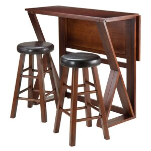 Winsome Harrington 3-Pc Set, Drop Leaf Table & 2 Cushion Round Seat Counter Stools, Espresso/Walnut Finish