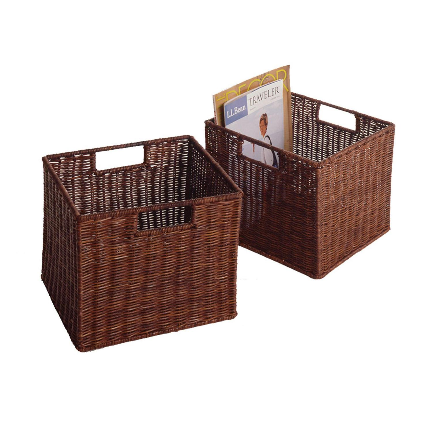 Winsome Wood Leo 3-Pc Storage Set, 2-Section Shelf & 2 Wicker Walnut Baskets, Espresso Finish - Image 8