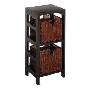 Winsome Wood Leo 3-Pc Storage Set, 2-Section Shelf & 2 Wicker Walnut Baskets, Espresso Finish