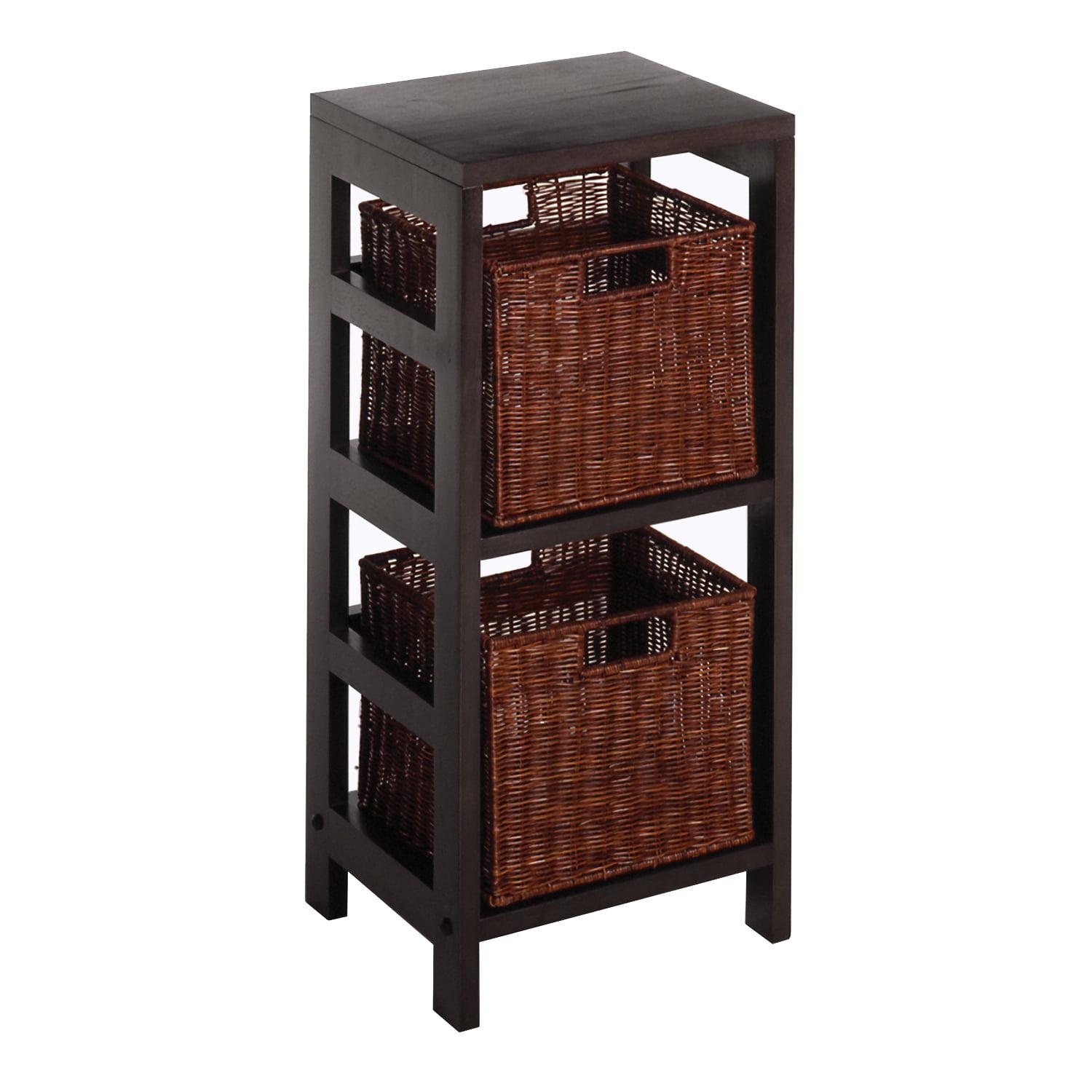 Winsome Wood Leo 3-Pc Storage Set, 2-Section Shelf & 2 Wicker Walnut Baskets, Espresso Finish