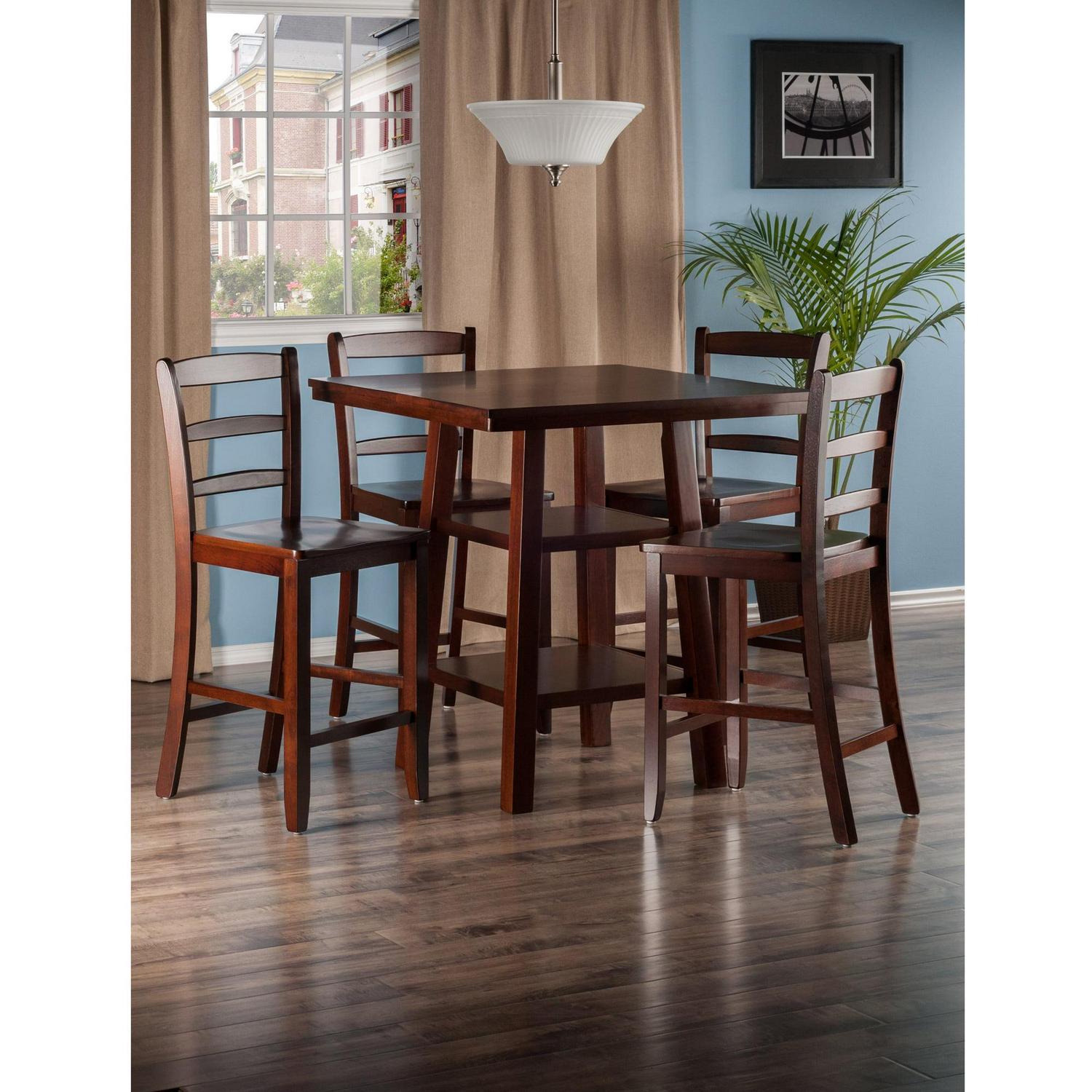 Winsome Wood Orlando 5-PC Set High Table, 2 Shelves & 4 Ladder Back Stools, Walnut Finish - Image 9