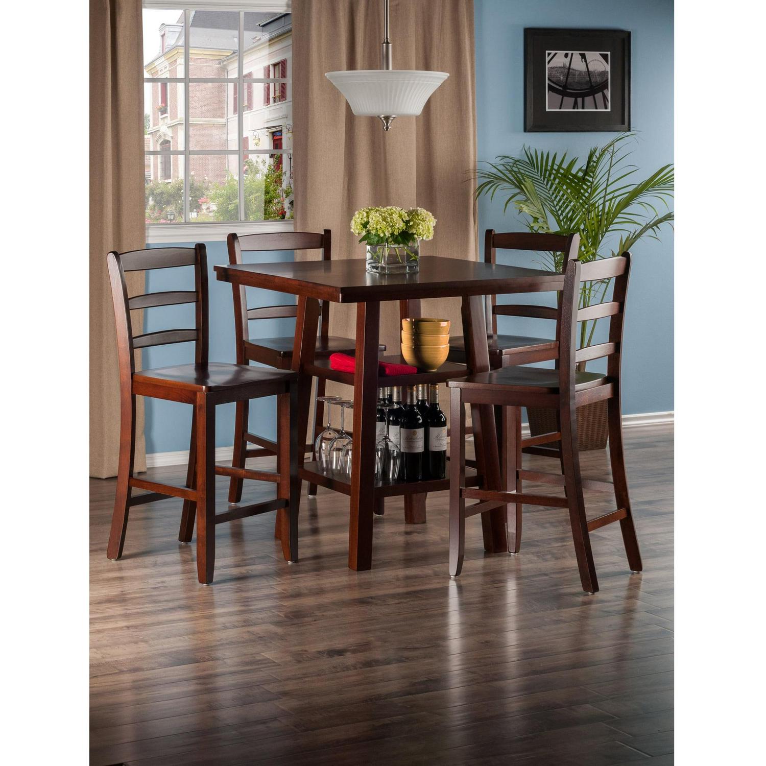 Winsome Wood Orlando 5-PC Set High Table, 2 Shelves & 4 Ladder Back Stools, Walnut Finish - Image 10
