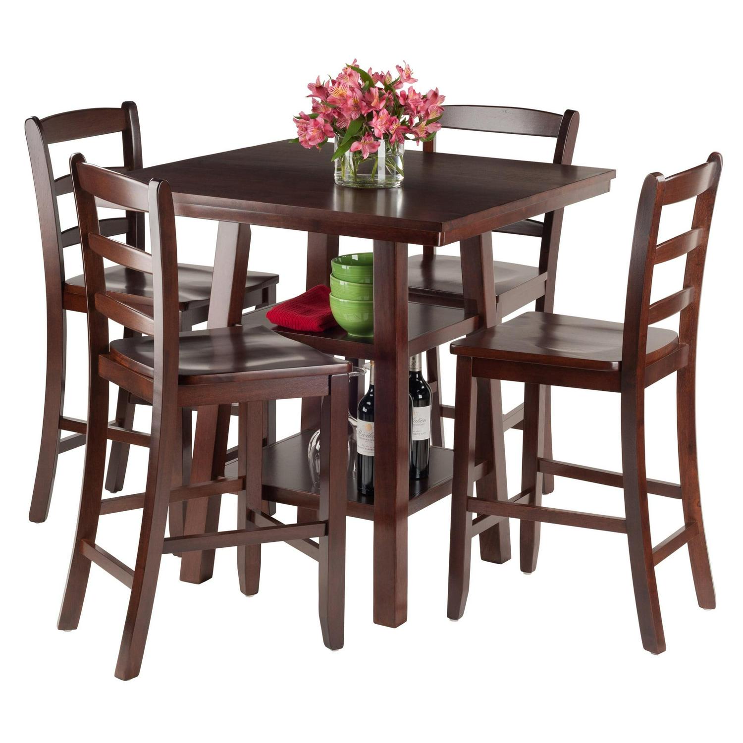 Winsome Wood Orlando 5-PC Set High Table, 2 Shelves & 4 Ladder Back Stools, Walnut Finish - Image 2