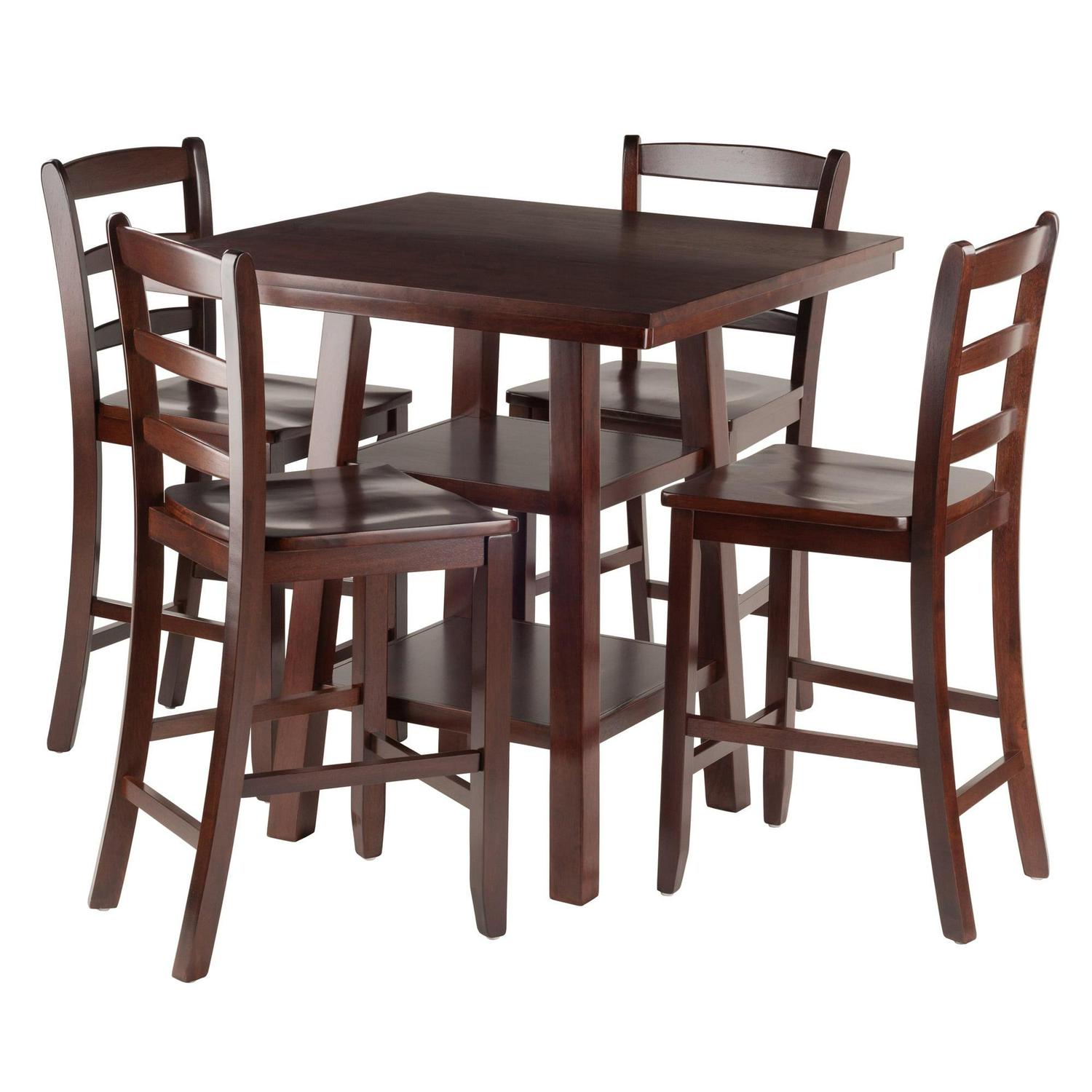 Winsome Wood Orlando 5-PC Set High Table, 2 Shelves & 4 Ladder Back Stools, Walnut Finish