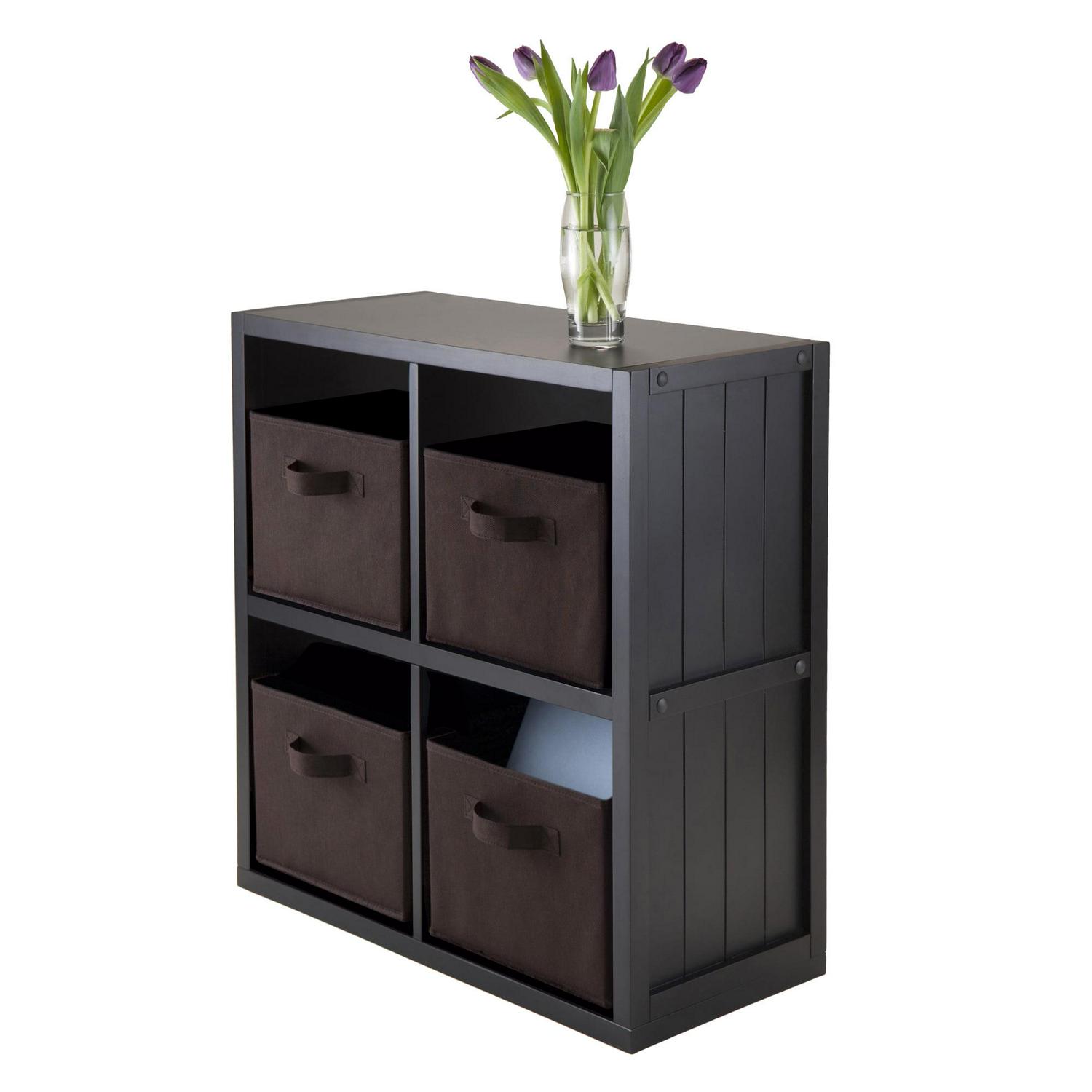 Winsome Wood Timothy 2x2 Black Storage Shelf with 4 Foldable Chocolate Fabric Baskets - Image 2