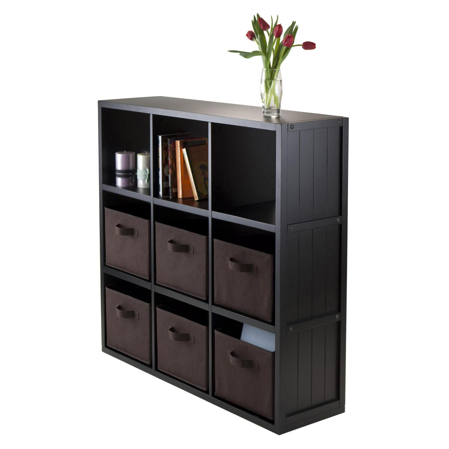 Winsome Wood Timothy 3x3 Black Storage Shelf with 6 Foldable Chocolate Fabric Baskets - Image 3