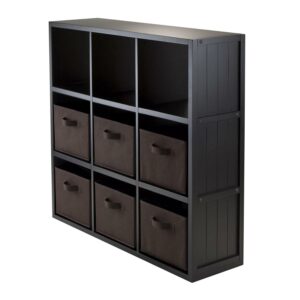 Winsome Wood Timothy 3x3 Black Storage Shelf with 6 Foldable Chocolate Fabric Baskets