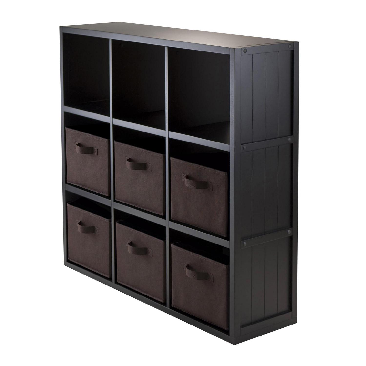 Winsome Wood Timothy 3x3 Black Storage Shelf with 6 Foldable Chocolate Fabric Baskets