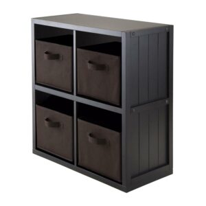 Winsome Wood Timothy 2x2 Black Storage Shelf with 4 Foldable Chocolate Fabric Baskets