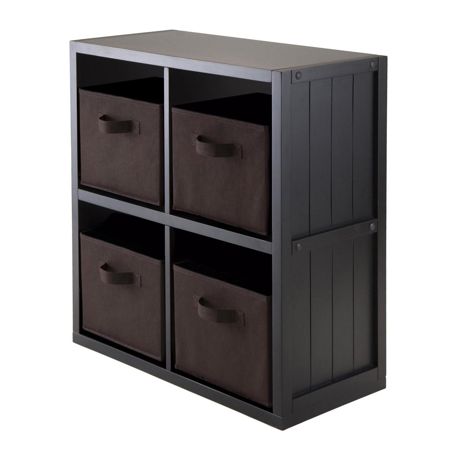 Winsome Wood Timothy 2x2 Black Storage Shelf with 4 Foldable Chocolate Fabric Baskets
