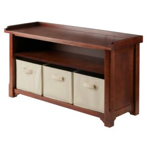 Winsome Wood Verona 4-Pc Storage Bench with 3 Foldable Fabric Baskets, Beige & Walnut