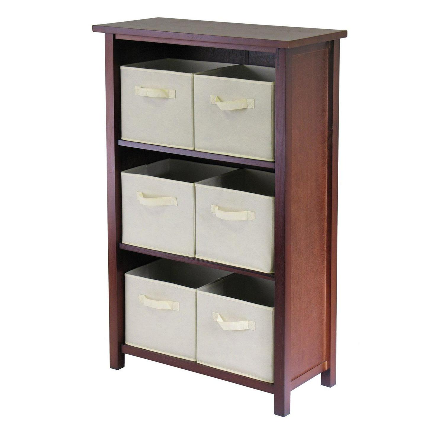 Winsome Wood Verona 7-Pc 3-Tier Storage Shelf with 6 Foldable Fabric Baskets, Walnut & Beige