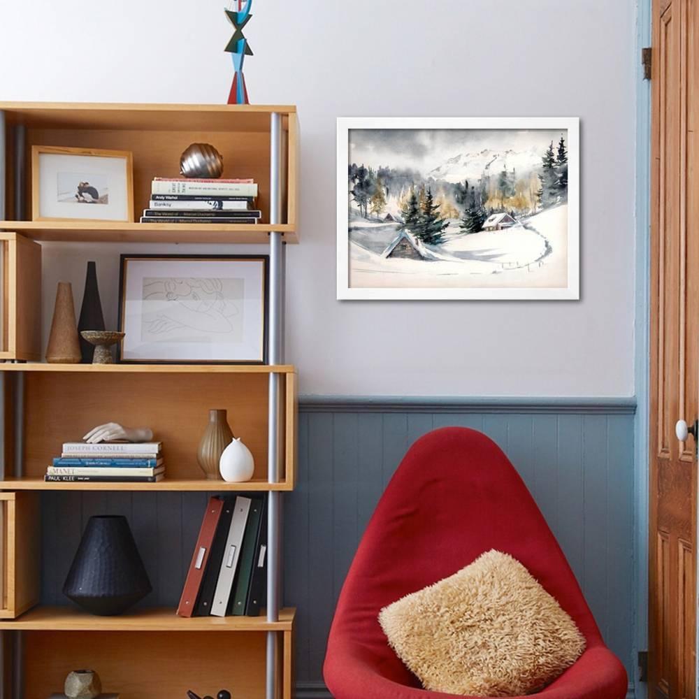 Winter Landscape with Mountain Village Covered with Snow. Picture Created with Watercolors on Paper, Scenic Framed Art Print Wall Art by DeepGreen Sold by Art.Com - Image 4