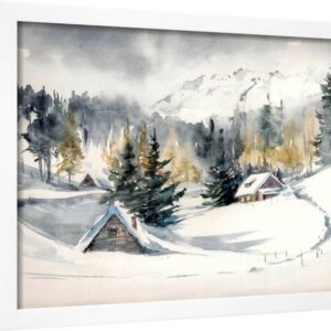 Winter Landscape with Mountain Village Covered with Snow. Picture Created with Watercolors on Paper, Scenic Framed Art Print Wall Art by DeepGreen Sold by Art.Com