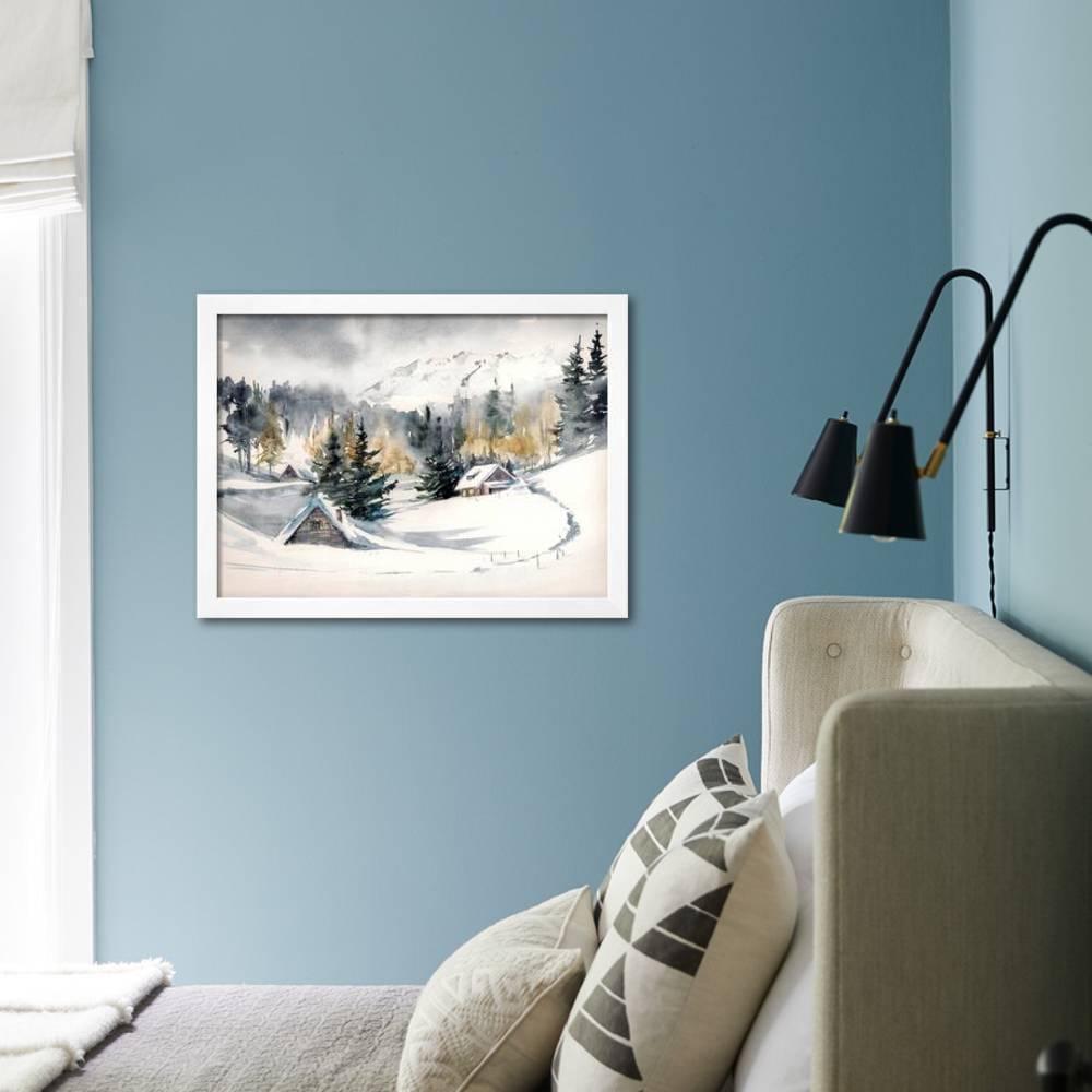 Winter Landscape with Mountain Village Covered with Snow. Picture Created with Watercolors on Paper, Scenic Framed Art Print Wall Art by DeepGreen Sold by Art.Com - Image 3