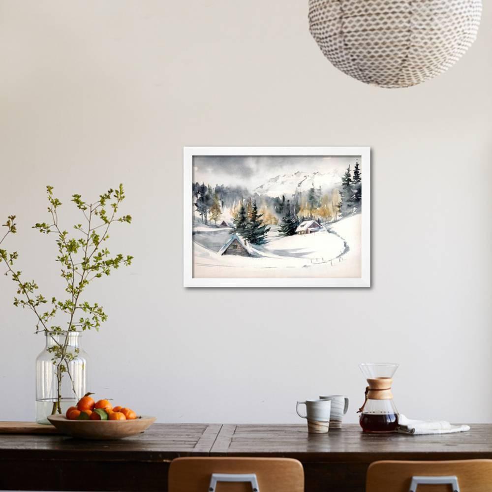 Winter Landscape with Mountain Village Covered with Snow. Picture Created with Watercolors on Paper, Scenic Framed Art Print Wall Art by DeepGreen Sold by Art.Com - Image 5