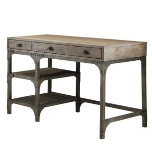 ACME Gorden 3-Drawer Wooden Writing Desk in Weathered Oak and Antique Silver