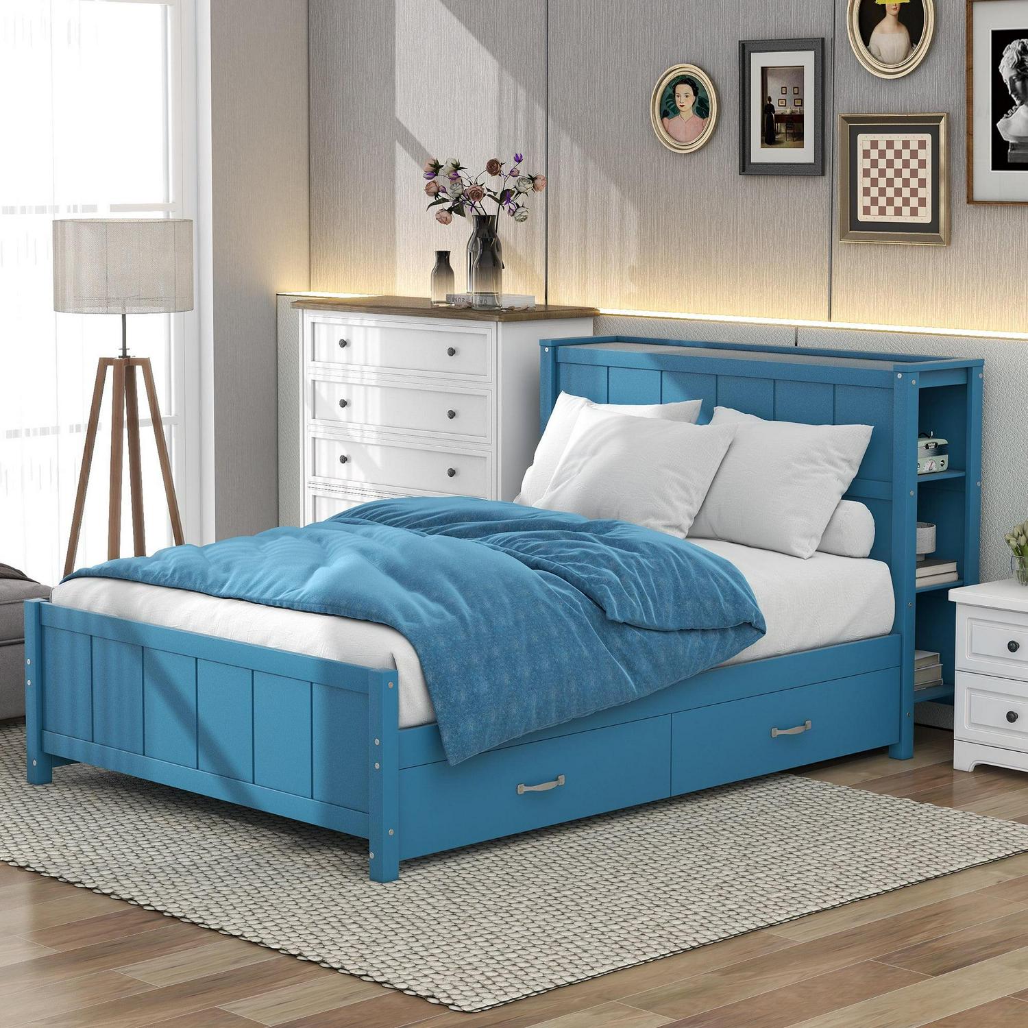 Wood Full Platform Bed with Storage Headboard Shelf and Drawers for Kids Room, Blue