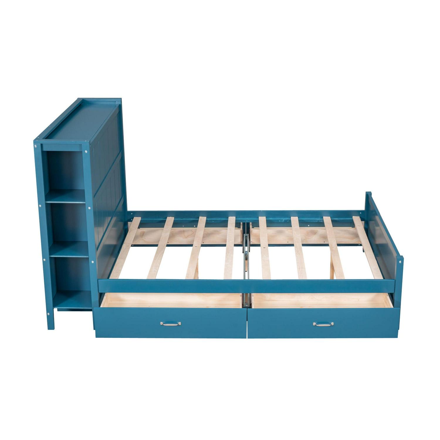 Wood Full Platform Bed with Storage Headboard Shelf and Drawers for Kids Room, Blue - Image 6