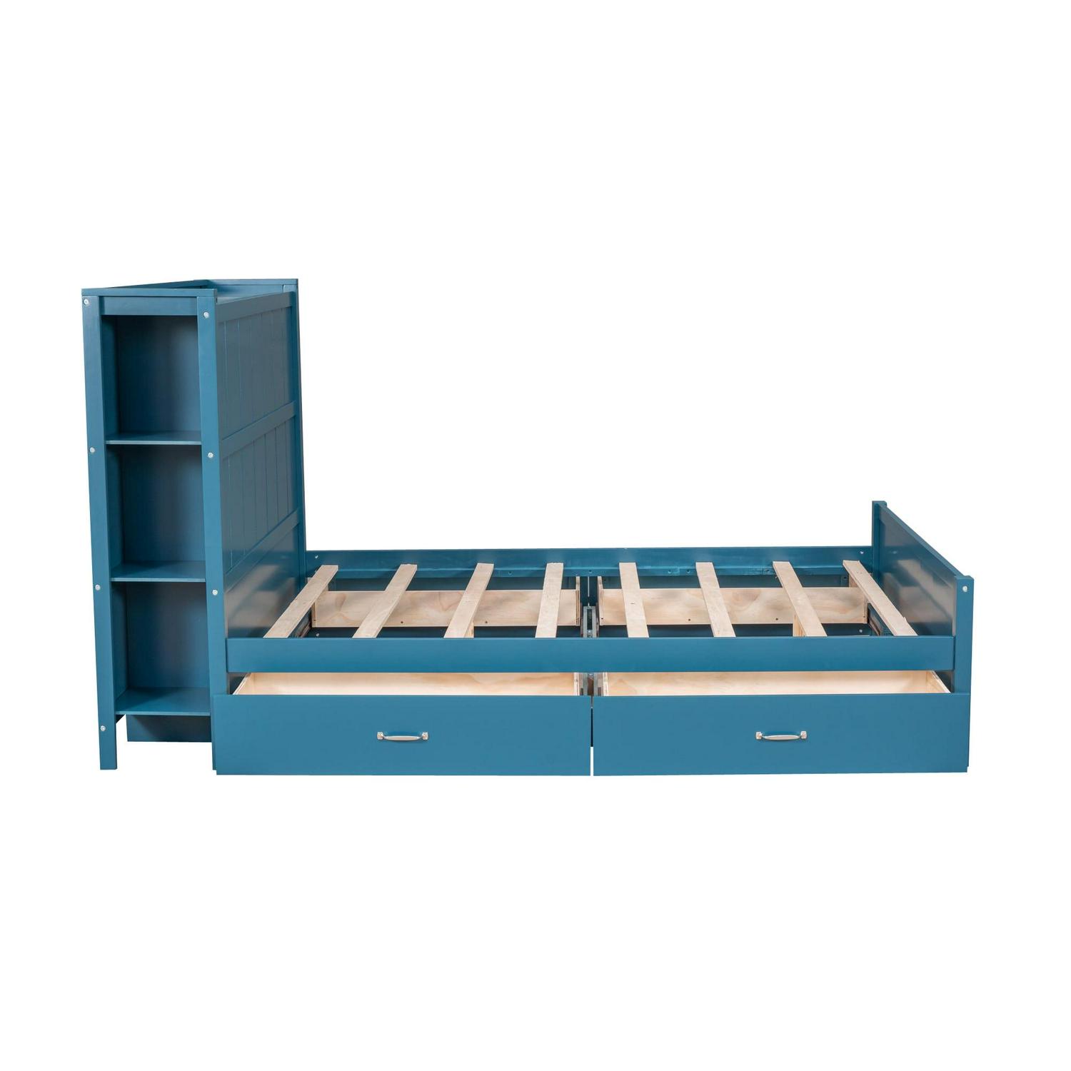 Wood Full Platform Bed with Storage Headboard Shelf and Drawers for Kids Room, Blue - Image 5