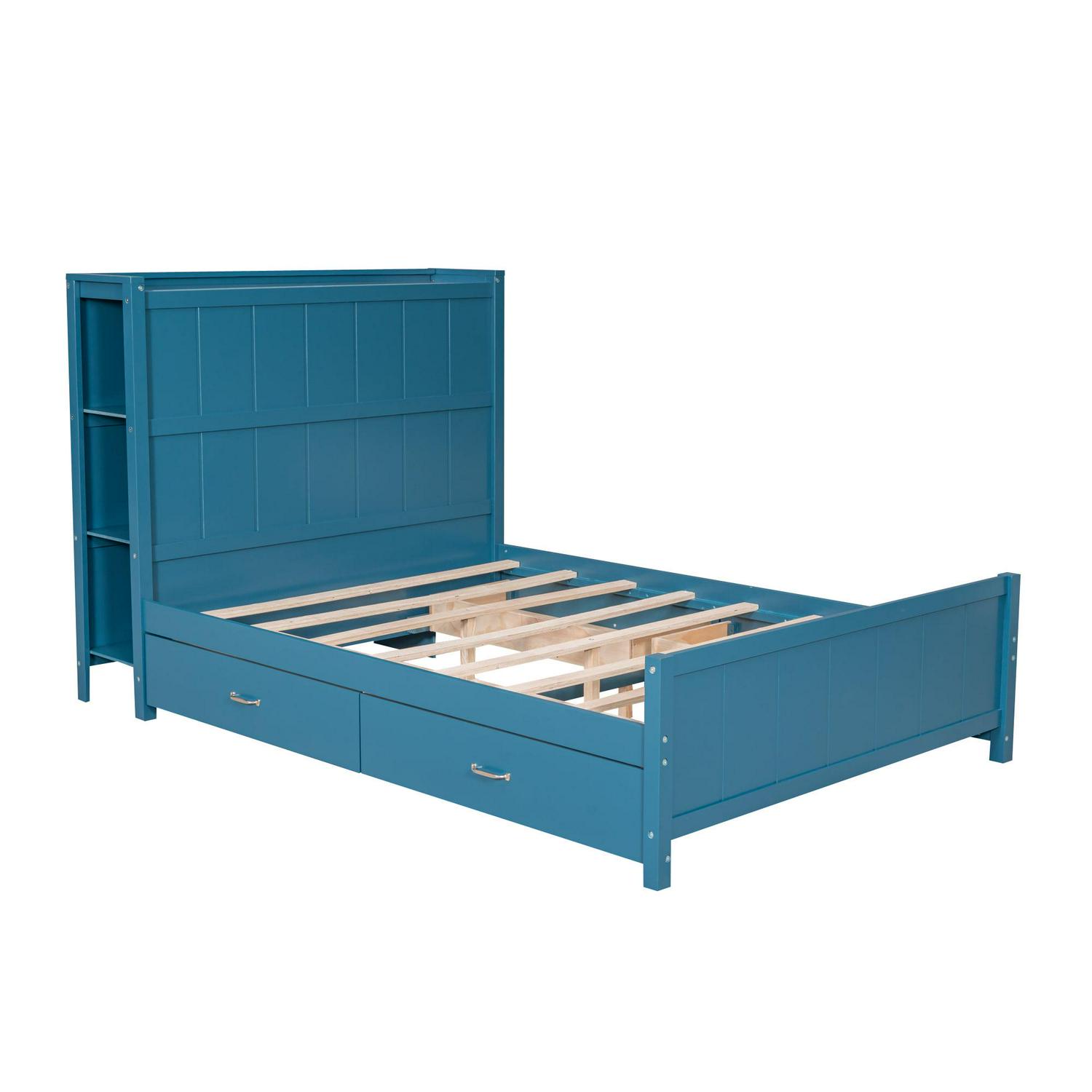 Wood Full Platform Bed with Storage Headboard Shelf and Drawers for Kids Room, Blue - Image 9