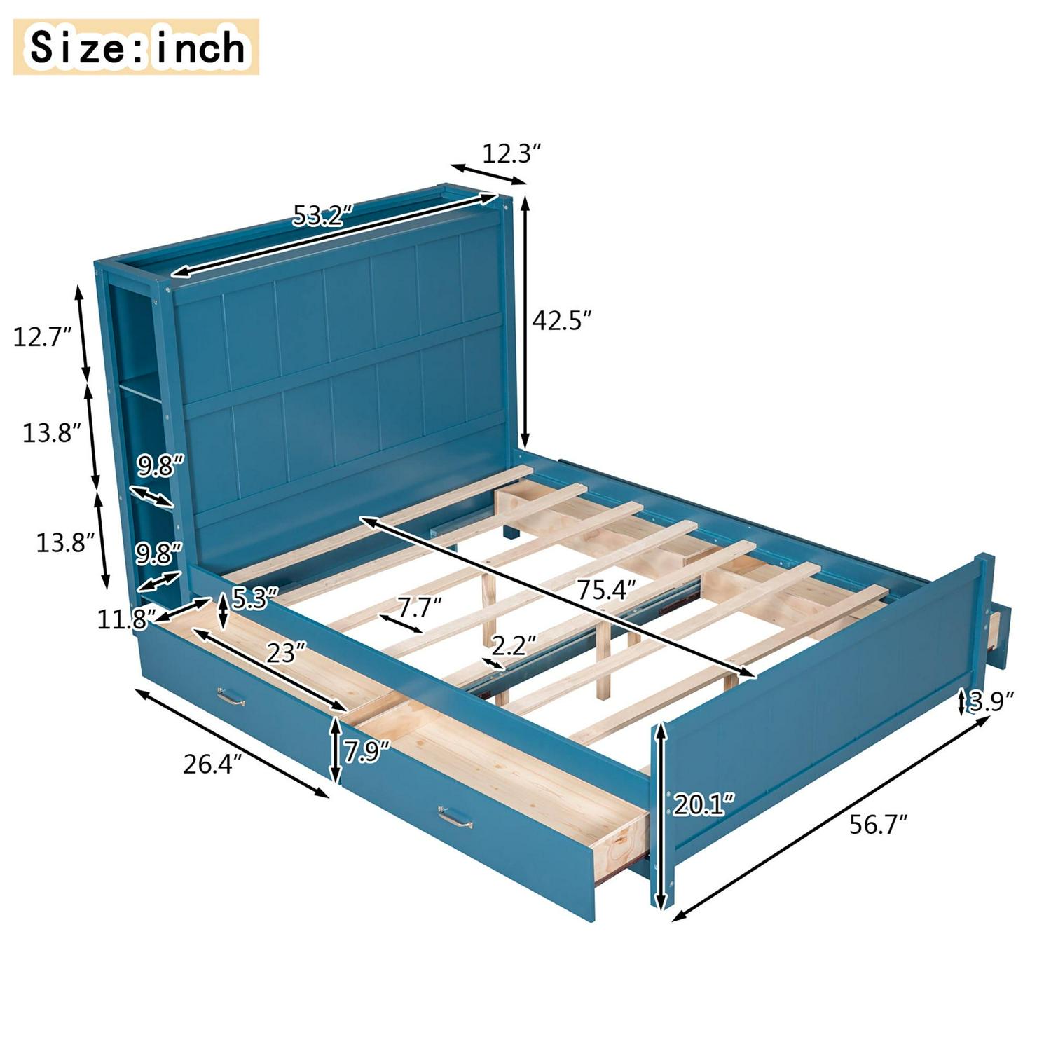Wood Full Platform Bed with Storage Headboard Shelf and Drawers for Kids Room, Blue - Image 16