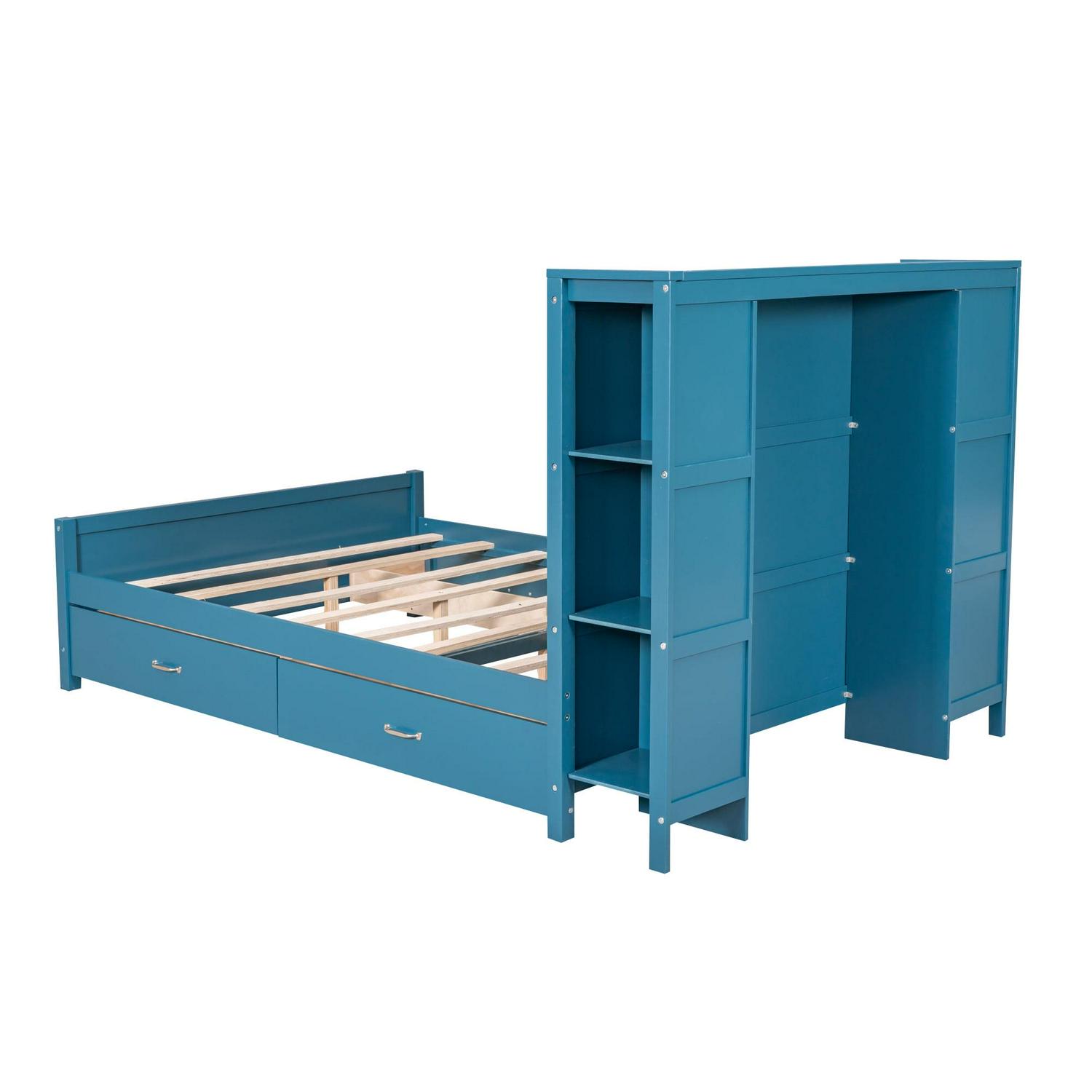 Wood Full Platform Bed with Storage Headboard Shelf and Drawers for Kids Room, Blue - Image 15