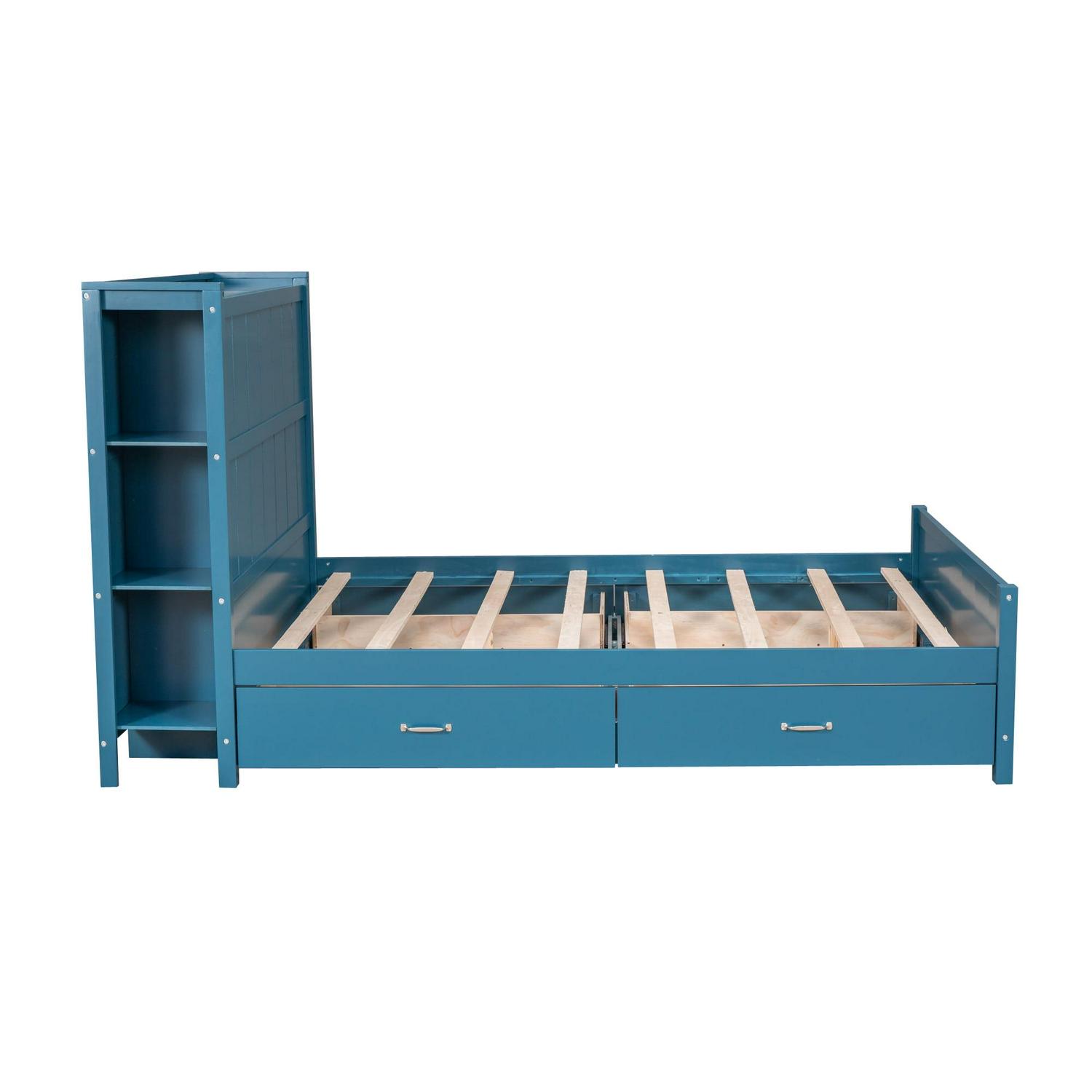 Wood Full Platform Bed with Storage Headboard Shelf and Drawers for Kids Room, Blue - Image 4