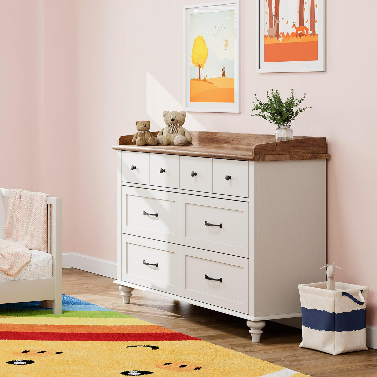 Wood Kids Dresser with 6 Drawers, Nursery Dresser Chest of Drawers, Mid-Century White Dresser for Bedroom, 47 Inch - Image 3