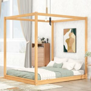 Wood Queen Size Canopy Platform Bed with Support Frame for Bedroom, Natural
