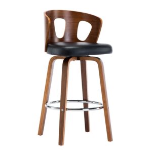 Wood and Black Faux Leather Mid-Century Modern Swivel Barstool with Decorative Back 26-Inch Seat Height