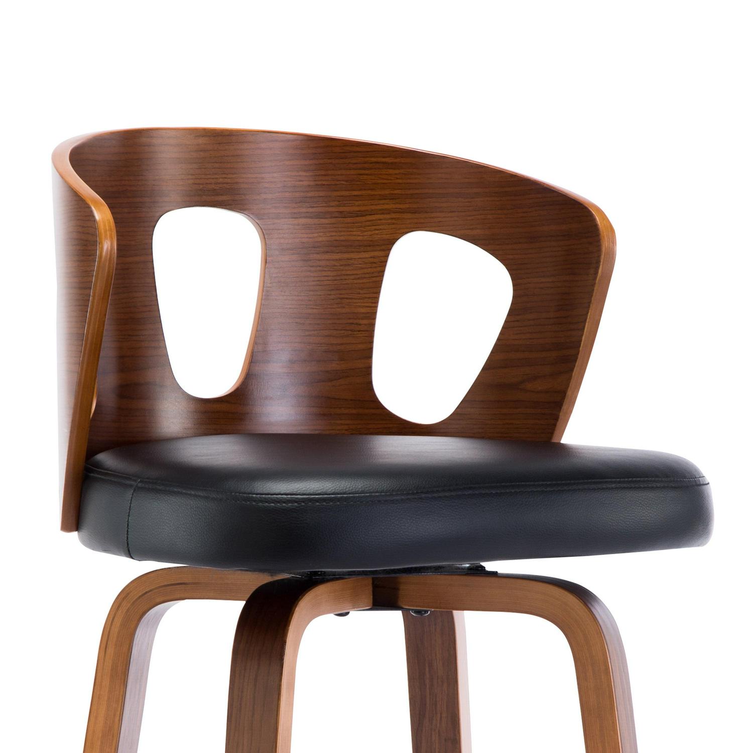 Wood and Black Faux Leather Mid-Century Modern Swivel Barstool with Decorative Back 26-Inch Seat Height - Image 5