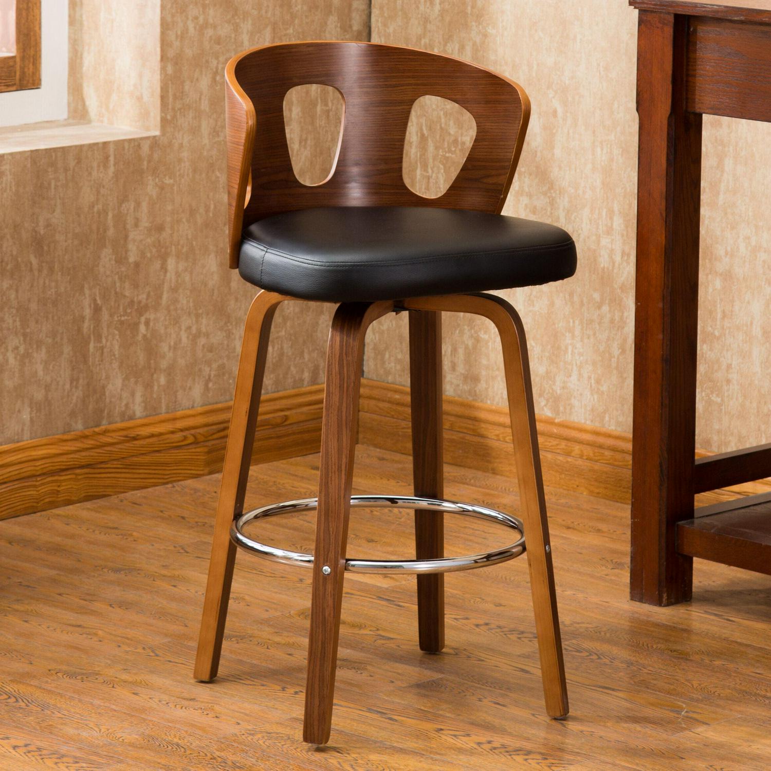 Wood and Black Faux Leather Mid-Century Modern Swivel Barstool with Decorative Back 26-Inch Seat Height - Image 6