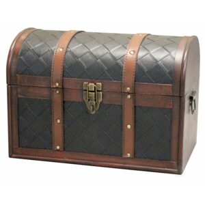 Wooden Leather Round Top Treasure Chest, Decorative storage Trunk with Lockable Latch