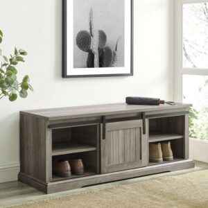 Walker Edison Dorset Grooved Sliding Barn Door Storage Bench, Gray Wash