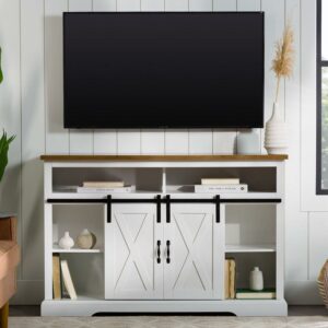 Walker Edison Farmhouse Barn Door TV Stand for TVs up to 60", Solid White & Rustic Oak