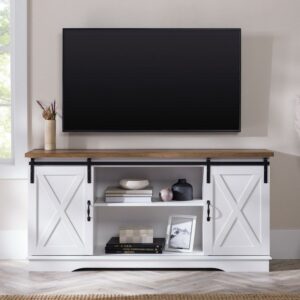 Walker Edison Farmhouse Sliding Barn Door TV Stand for TVs up to 65", White/Reclaimed Barnwood