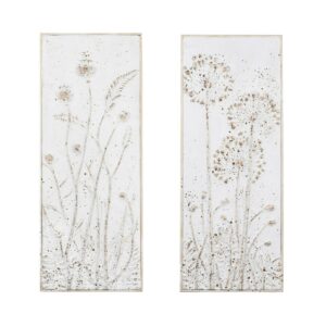 Creative Co-Op Wood and Metal Wall Décor with Flowers, White and Brown, Set of 2
