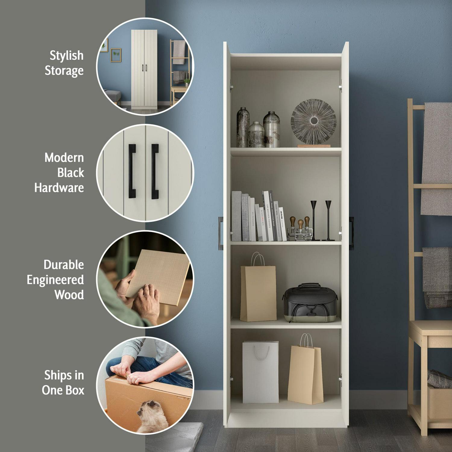 Woven Paths Lancaster Wood Kitchen Pantry with 2 Doors and 4 Shelves, Ivory - Image 9