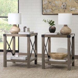 Walker Edison Farmhouse Open Storage Side Table, Set of 2, Grey Wash
