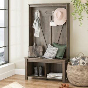 Woven Paths Scandi Farmhouse Entryway Hall Tree Bench, Weathered Oak